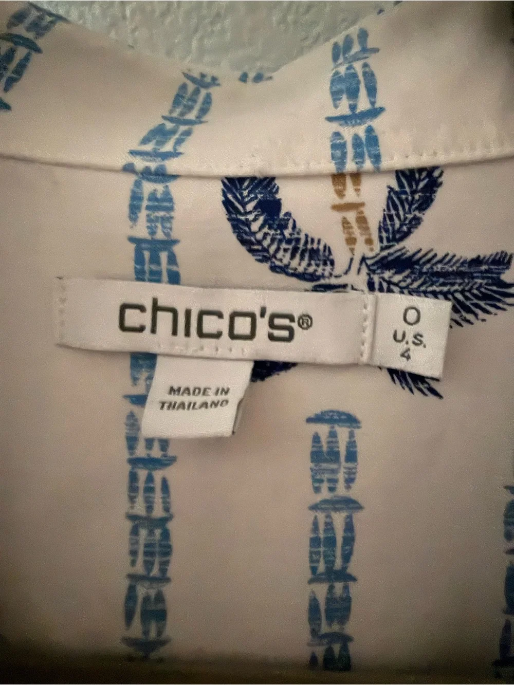 Chico's Striped Palm Button-Up Shirt in White Tan and Navy US Size 4